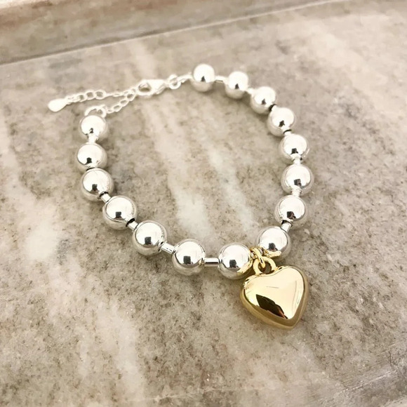 Jewelry - 925 Sterling Silver Bead Bracelet Two Tone Chunky Heart Bracelet Dangle Heart